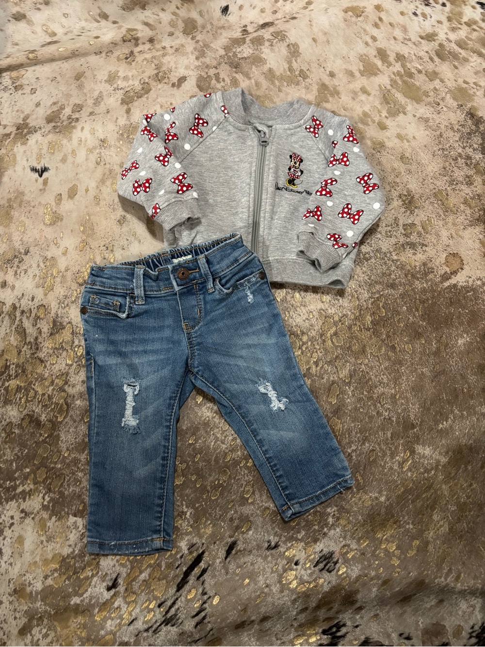 Disney Baby Minnie Mouse Grey Zip-Up Jacket with Distressed Denim Jeans